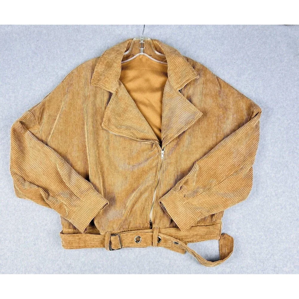 Free People Womens M Brown Corduroy Moto Jacket Cropped Belted Boho Western